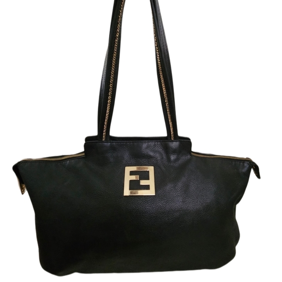 Authentic Extra Large Fendi Black Metallic Nubuck Leather Chain Shoulder Bag - Picture 2 of 16